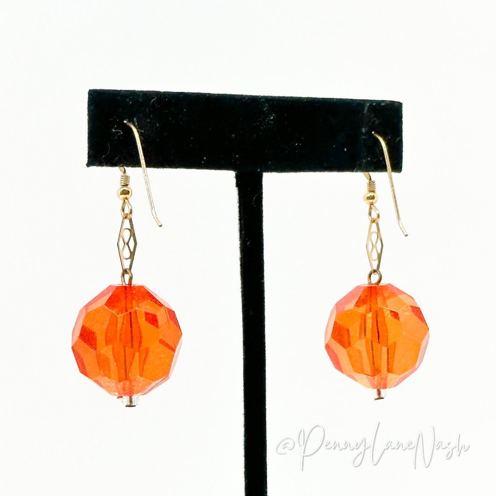 Vintage Single Sphere Orange Bead Dangle Hook Earrings - Picture 7 of 8